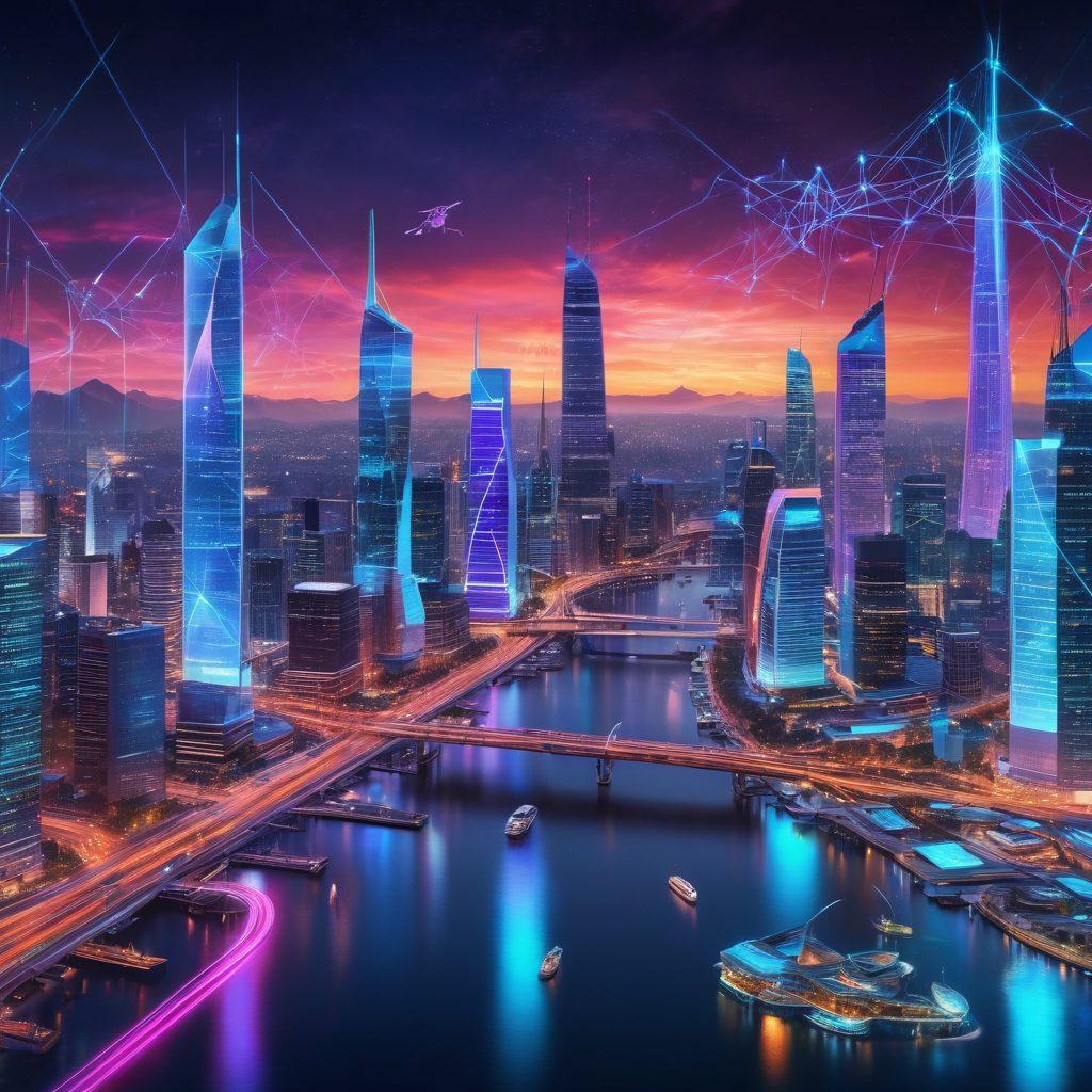 A futuristic city skyline showcasing a vibrant network of glowing virtual connections and digital interfaces symbolizing NVSOS network virtualization solutions. Include people interacting with advanced technology like holographic displays and drones, all under a twilight sky filled with dynamic neon colors. Emphasize a sense of innovation and connectivity. super-realistic. vibrant colors. technology theme.