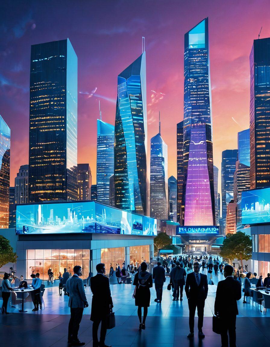 A futuristic cityscape showcasing diverse businesses utilizing NVSOS services, with digital screens and holographic interfaces displaying data analytics and collaboration. Include a diverse group of professionals interacting with cutting-edge technology, highlighting innovation and growth. The skyline should be bright and lively, with a blend of traditional and modern architecture. surrealistic style. vibrant colors. high resolution.