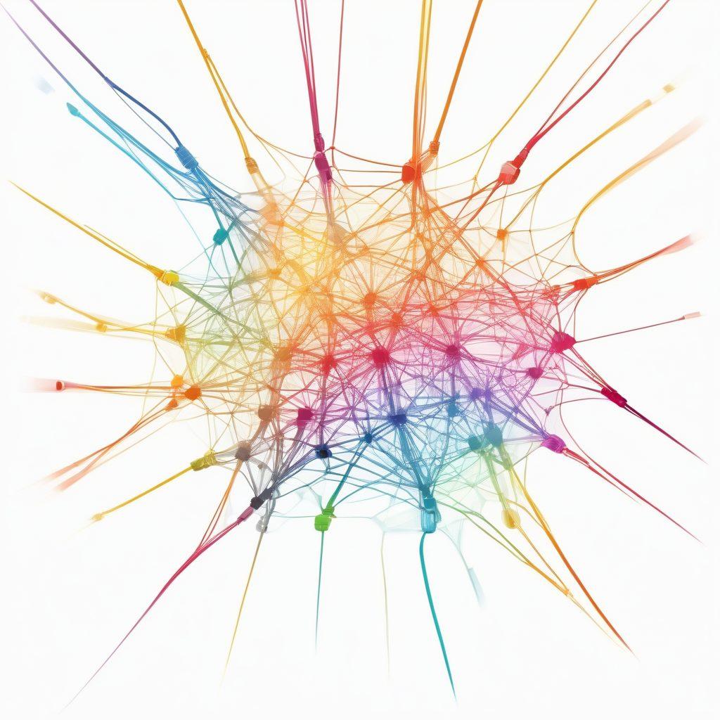 A dynamic illustration of interconnected network cables forming a web, symbolizing revolutionized connectivity. Include vibrant digital nodes glowing at intersections, representing data flow and empowerment. Overlay a silhouette of a diverse team collaborating with futuristic devices, showcasing teamwork in network operations. Bright technological elements in the background to evoke innovation and energy. vector art. vibrant colors. white background.